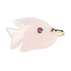 Розовый Кварц Резные подвески из натурального розового кварца, Подвески в виде рыбок с фианитами и латунной фурнитурой, золотые, стойки покрытие, 32~33.5x23.5~24.5x8~8.5 мм, отверстие : 5x6 мм