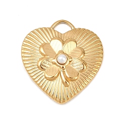 Настоящее золото 18K 304 подвески из нержавеющей стали и АБС-пластика с имитацией жемчуга, подвески в виде сердца с клевером, ионное покрытие (ip), реальный 18 k позолоченный, 18x17x4 мм, отверстие : 3.2x2.2 мм