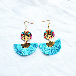 Голубой Серьги-подвески из сплава и акрила с кисточками, девушка, золотые, голубой, 80x55 мм