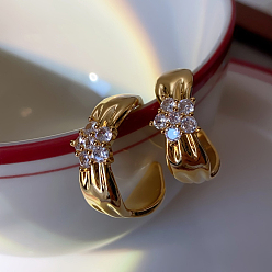 Золотой Серьги-гвоздики из латунного микро-паве, С-образная с цветком, золотые, 24x8 мм