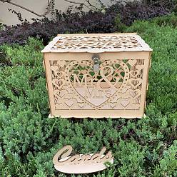 Papaya Látigo Caja rectangular para tarjetas de boda de madera hueca con cerradura de hierro, Estuche para tarjetas de boda para recepción., Hucha de boda para decoración de fiestas., PapayaWhip, 22x31x23.5 cm