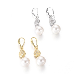 Mixed Color Shell Pearl Dangle Earrings, with Cubic Zirconia teardrop, Beads and Brass Earring Hook, Round, Mixed Color, 40mm, Pin: 1mm