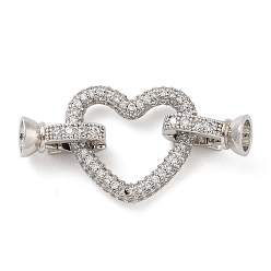 Сердце Реечное покрытие латунь микро паве прозрачный кубический цирконий складные застежки, долговечный, без свинца и без кадмия, платина, сердце, 38 мм, отверстие : 1.2 мм