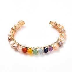 Seashell Color Natural Pearl Bead & Mixed Gemstone Beads Cuff Bangles for Women Girl Gift, Stone Bangle with Brass Base, Seashell Color, Inner Diameter: 2.13~2.24 inch(54~57mm)
