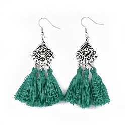 Green Cotton Thread Tassels Dangle Earrings, with Alloy Links and Brass Earring Hooks, Green, 70~74mm, Pin: 0.6mm