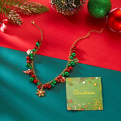 Снежинка Ожерелья-нагрудники с подвеской из сплава, страз и эмали на рождественскую тематику, золотые, красный белый и зеленый, снежинка, 14.96 дюйм (38 см), Кулон : 25 мм
