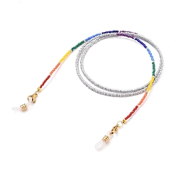Silver Eyeglasses Chains, Neck Strap for Eyeglasses, with FGB Round Glass Seed Beads, Brass Crimp Beads Covers, 304 Stainless Steel Lobster Claw Clasps and Rubber Loop Ends, Silver, 27.56 inch(70cm)