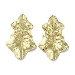 Real 18K Gold Plated Rack Plating Brass Leaf Dangle Stud Earrings, Lead Free & Cadmium Free, Real 18K Gold Plated, 51x32mm