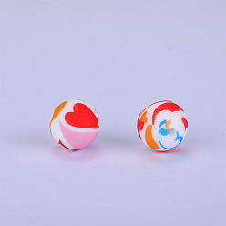 Orange Red Printed Round with Heart Pattern Silicone Focal Beads, Orange Red, 15x15mm, Hole: 2mm