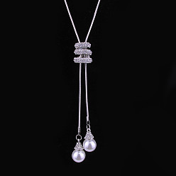 Платина Сплав кристалл горный хрусталь тройное кольцо лариат ожерелье для женщин, с белой круглой пластиковой жемчужиной, платина, 31.50 дюйм (80 см)