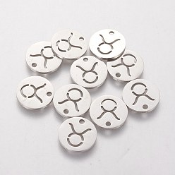Taurus 304 Stainless Steel Charms, Flat Round with Constellation/Zodiac Sign, Taurus, 12x1mm, Hole: 1.5mm