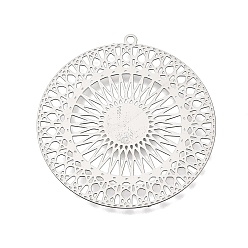 Stainless Steel Color 201 Stainless Steel Pendants, Flat Round with Mandala Pattern Charms, Etched Metal Embellishments, Stainless Steel Color, 36x34x0.3mm, Hole: 1.4mm
