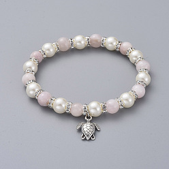 Кунсайт Растянуть шарм браслеты, с натуральными бусинами из кунзита, Стеклянные жемчужные бусины, подвески из цинкового сплава и латунные бусины со стразами, Морская черепаха, 2-1/8 дюйм (5.3 см)