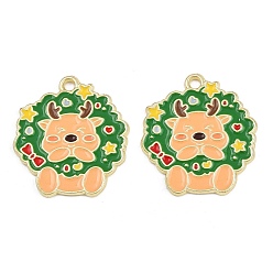Christmas Wreath Подвески из сплава и эмали с изображением рождественских оленей, золотые, Рождественский венок, 26x24x1.5 мм, отверстие : 2 мм