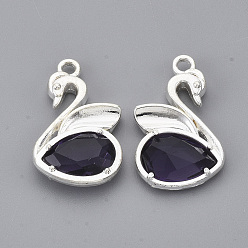 Silver Eco-Friendly Alloy Glass Pendants, Faceted, Nickel Free, Swan, Indigo, Silver Color Plated, 20x12.5x4mm, Hole: 1.5mm