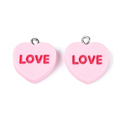 Misty Rose Opaque Resin Pendants, Heart & Word LOVE Charms, with Platinum Iron Loops, Misty Rose, 20.5~22.5x19~19.5x4~4.5mm, Hole: 2mm