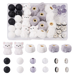 White 44Pcs DIY Beads Findings Kits, including Acrylic & Silicone & Acrylic & Iron Rhinestone & Imitation Mink Fur European Beads, White, 15mm