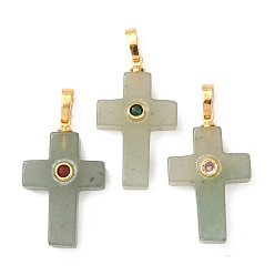 Зеленый Авантюрин Естественный зеленый авантюрин подвески, Религиозные крестики-подвески с фурнитурой из латуни, инкрустированной микрофиброй (случайного цвета)., золотые, 30x18x14 мм, отверстие : 7x4 мм