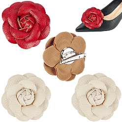 Mixed Color 4Pcs 2 Styles Flower Imitation Leather Shoe Decoration, Metal Detachable Shoe Buckle Clips, Mixed Color, 65~66x33mm, 2pcs/style
