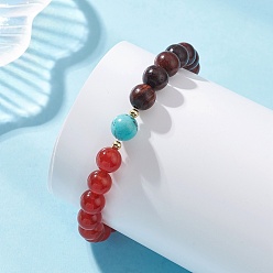 Смешанные камни 8.5 Браслеты из натурального сердолика, синтетической бирюзы и круглых бусин из дерева, эластичные, для женщин и девушек., золотые, внутренний диаметр: 2.24 дюйм (5.7 см)