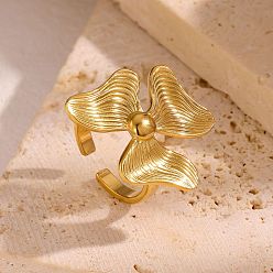 Real 18K Gold Plated 304 Stainless Steel Open Cuff Rings for Women, Flower, Real 18K Gold Plated, Inner Diameter: 17.4mm