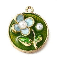 Зеленый Подвески из эмали и сплава, с ABS имитации жемчуга, плоские круглые с цветком, стойки покрытие, долговечный, без свинца, без кадмии и без никеля, золотые, зелёные, 24x20.5x7 мм, отверстие : 1.8 мм