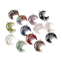 Mixed Stone Natural & Synthetic Stone Chips & Transparent Resin Big Pendants, Moon Charms, with Platinum Tone Brass Wire Wrapped, Cadmium Free & Lead Free, 52~53x36~37x14~16mm, Hole: 8mm