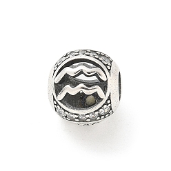 Водолей Латунные прозрачные фианиты европейские бусины, бусины с большим отверстием, рондель с двенадцатью созвездиями, античное серебро, Водолей, 11.5 мм, отверстие : 4.5 мм