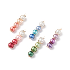 Mixed Color Glass Pearl Round Beads Pendants, with Golden Tone Copper Wire Wrapped, Column Charm, Mixed Color, 40x9x8mm, Hole: 1.8mm