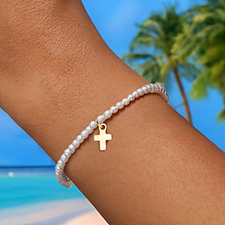 Белый Сплав шарм браслеты, Пластиковые круглые бусины с имитацией жемчуга, эластичные для женщин, крестик, золотые, белые, 6.89 дюйм (17.5 см)