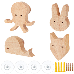Mixed Shapes 4шт. 4 стили деревянных вешалок для одежды в виде животных, настенный крючок для одежды, декоративный брелок, для шляпы шарф сумка для хранения ванной, разнообразные, 39~67.5x46~70x35~36 мм, 1 шт / стиль