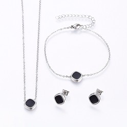 Нержавеющая Сталь Цвет 304 нержавеющей стали ювелирных изделий, подвесные ожерелья и серьги и браслеты, с эмалью, квадратный, цвет нержавеющей стали, 16.93 дюйм (43 см), 7-1/8 дюйм (18 см), 11x11x2.5 мм, штифты : 0.8 мм