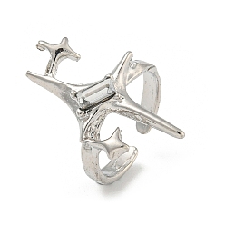 Платина Открытая манжета из цинкового сплава со звездочкой, Кольцо-солитер с кристаллами и стразами для женщин, платина, 23.5 мм, регулируемый