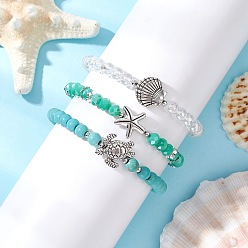 Античное Серебро 3шт 3 стили круглые стеклянные и синтетические бирюзовые бусины наборы тянущихся браслетов для женщин, Сплавочные овальные бусины тибетского стиля , разнообразные, античное серебро, внутренний диаметр: 2-1/4~2-1/2 дюйм (5.8~6.2 см), 1 шт / стиль