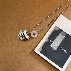 Розовый Кварц Женские кулоны в виде круглых бусин из натурального розового кварца и подвески в форме сердца из сплава., античное серебро, 23.62 дюйм (60 см)