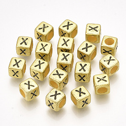 Letter X Акриловые бусины, горизонтальное отверстие, металлическое покрытие, куб с letter.x, 6x6x6 мм, 2600 шт / 500 г