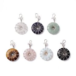 Mixed Stone Natural & Synthetic Gemstone Big Pendants, with Platinum Plated Brass Wires Wrapped, Flat Round, 50~53.5x30~31x7.5mm, Hole: 7.55mm