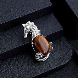 Тигровый глаз Подвески из натурального тигрового глаза с изображением морских животных, сплав морской конек драгоценные камни подвески, платина, 37x20 мм