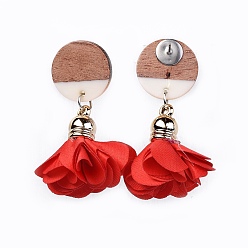 Red Stud Earrings, with Cloth Pendant, Resin & Wood Pendants and Stainless Steel Findings, Flat Round and Flower, Red, 46.5~50.5mm, Flat Round: 18x2.8mm, Flower: 26.5~30.5x26.5~32mm, Pin: 0.6mm