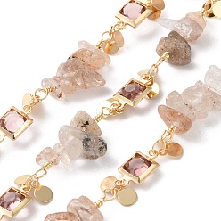 Rutilated Кварц Квадратные звенья латунных стеклянных цепей ручной работы, с натуральным рутиловым кварцевым чипом для изготовления ожерелий и браслетов, долговечный, пайки, с катушкой, золотые, ссылка: 12~25x4~6.5x2~6 mm, около 16.40 футов (5 м) / рулон