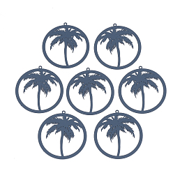 Medium Blue 430 Stainless Steel Filigree Pendants, Spray Painted, Etched Metal Embellishments, Ring with Coconut Tree, Medium Blue, 37x35x0.5mm, Hole: 1.4mm