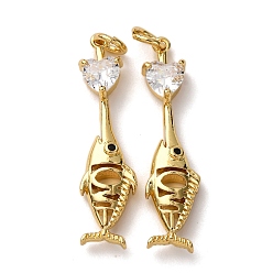 Прозрачный Кулон из циркония, с целью перехода в кольце, рыбки с сердечками, стойки покрытие, долговечный, без свинца и без кадмия, реальный 18 k позолоченный, прозрачные, 30x7.5x3 мм, отверстие : 3.5 мм