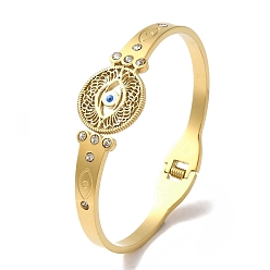 Real 18K Gold Plated Evil Eye 304 Stainless Steel Rhinestone Hinged Bangles for Women, with Enamel, Real 18K Gold Plated, Inner Diameter: 2~2-3/8 inch(4.95~6.15cm), 19mm