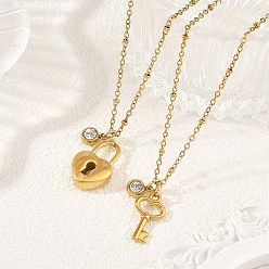 Golden 2Pcs 2 Styles 304 Stainless Steel Pendant Satellite Chain Necklaces, Heart Key & Lock, Golden, 17.72 inch(45cm), 1pc/style