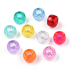 Mixed Color Transparent Plastic Beads, with Glitter Powder, Barrel, Mixed Color, 9x6mm, Hole: 3.8mm, about 1900pcs/500g