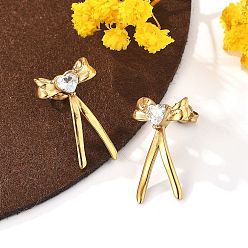 Настоящее золото 18K 304 Серьги-гвоздики из нержавеющей стали с прозрачным фианитом и микропаве, бантом, реальный 18 k позолоченный, 24.5x12 мм