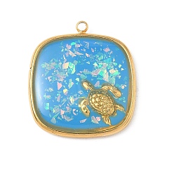 Темно-Голубой 304 подвески из нержавеющей стали, эпоксидной смолы, с натуральными ракушками и пайетками внутри, квадрат с подвесками в виде черепахи, реальный 18 k позолоченный, вакуумное покрытие pvd, глубокое синее небо, 23x20.5x3.5 мм, отверстие : 1.5 мм