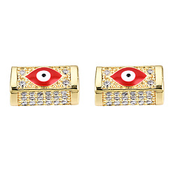 Dark Red Brass Micro Pave Cubic Zirconia Beads, with Enamel, Real 18K Gold Plated, Rectangle with Evil Eye, Nickel Free, Dark Red, 14x8x7mm, Hole: 3.5mm