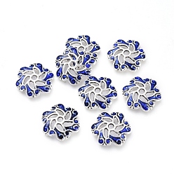 Blue 6-Petal Alloy Bead Cap, with Enamel, Flower, Antique Silver, Blue, 12.5x2.5mm, Hole: 1.5mm