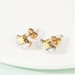 Говлит 304 из нержавеющей стали серьги, с синтетическим Howlite, ионное покрытие (ip), звезда с полукругом, золотые, 9x11 мм